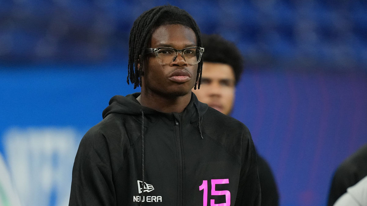 Colorado defensive back Travis Hunter (DB15) looks on during the 2025 NFL Scouting Combine at Lucas Oil Stadium.