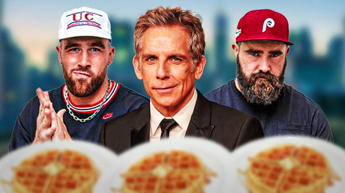 Travis, Jason Kelce have Severance waffle party with Ben Stiller on New Heights