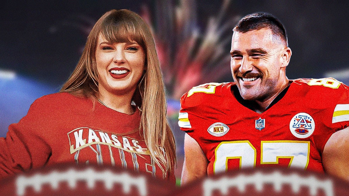 Taylor Swift and Travis Kelce, who could be eyeing his retirement from the Kansas City Chiefs, with GEHA Field at Arrowhead Stadium background.
