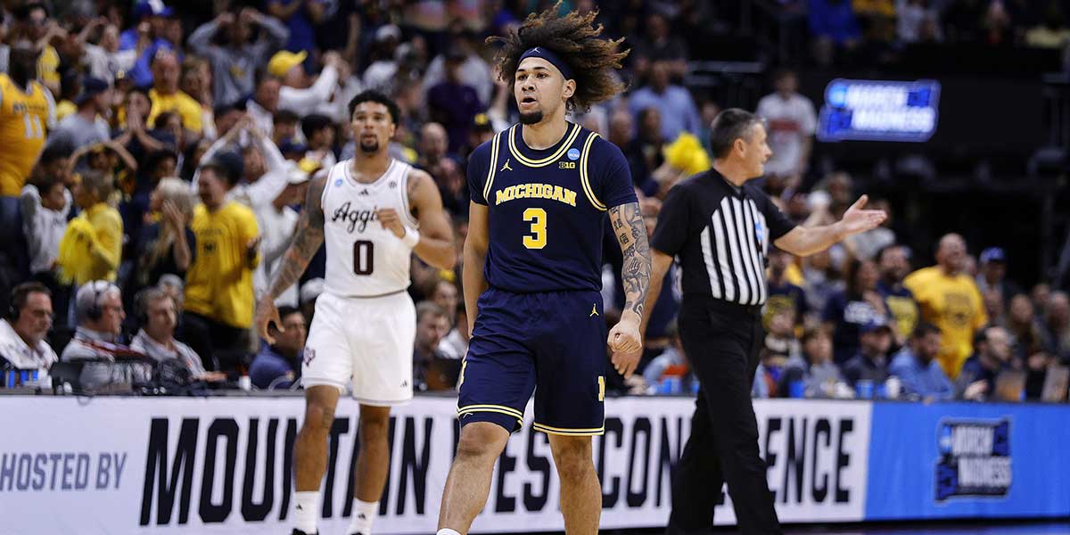 Michigan Wolverines guard Tre Donaldson (3) reacts against the Texas A&M Aggies during the second half in the second round of the NCAA Tournament at Ball Arena. Mandatory Credit: Isaiah J. Downing-Imagn Images