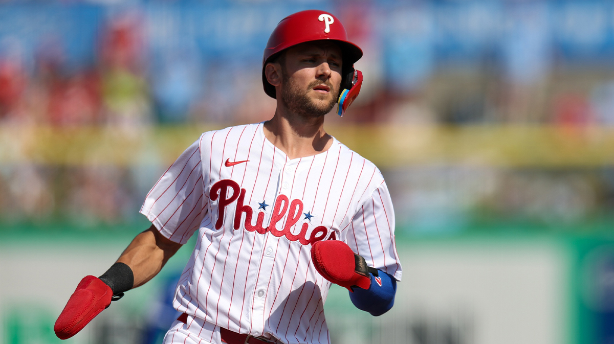 Philadelphia Phillies shortstop Trea Turner (7) reaches third base against the Toronto Blue Jays in the sixth inning during spring training at BayCare Ballpark.