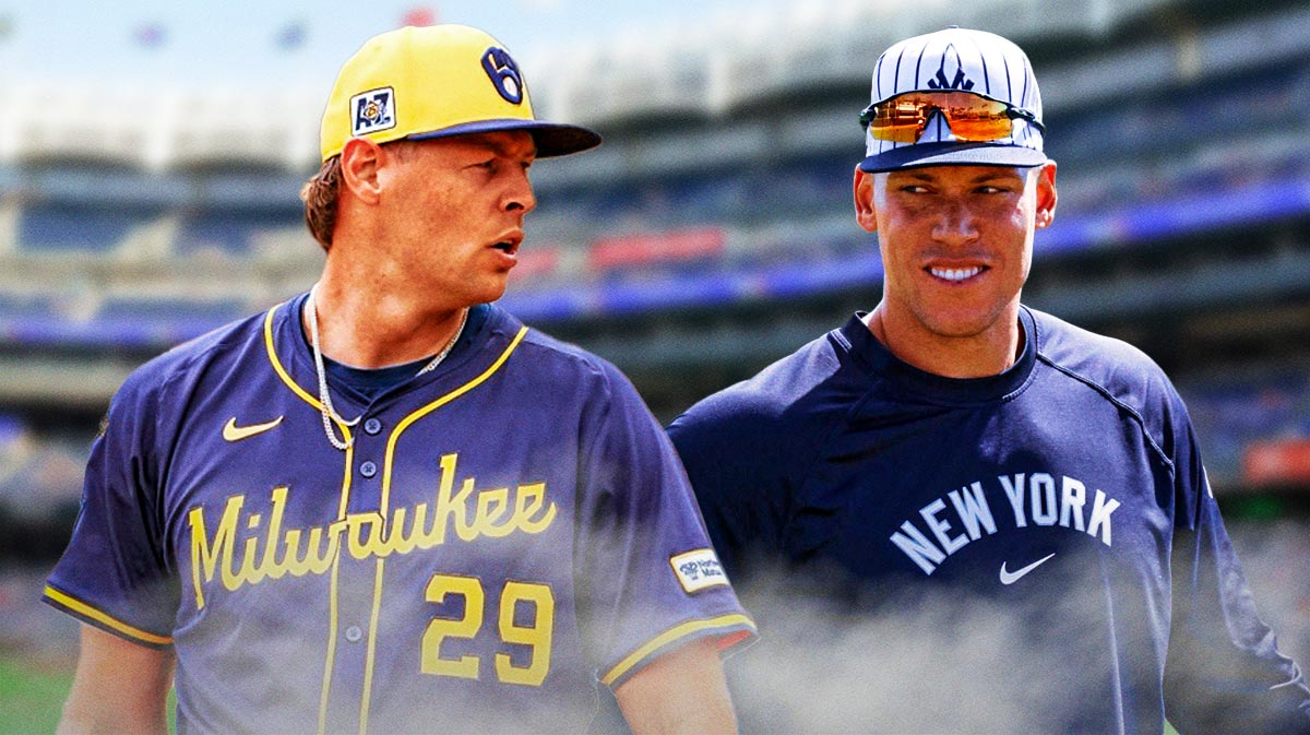 Yankees, Brewers, Trevor Megill, Yankees Brewers, Yankees bats, Trevor Megill looking mad, Aaron Judge smiling, Yankee Stadium in the background