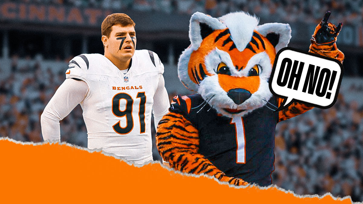 Trey Hendrickson next to the Bengals mascot with a text bubble reading "Oh no!"