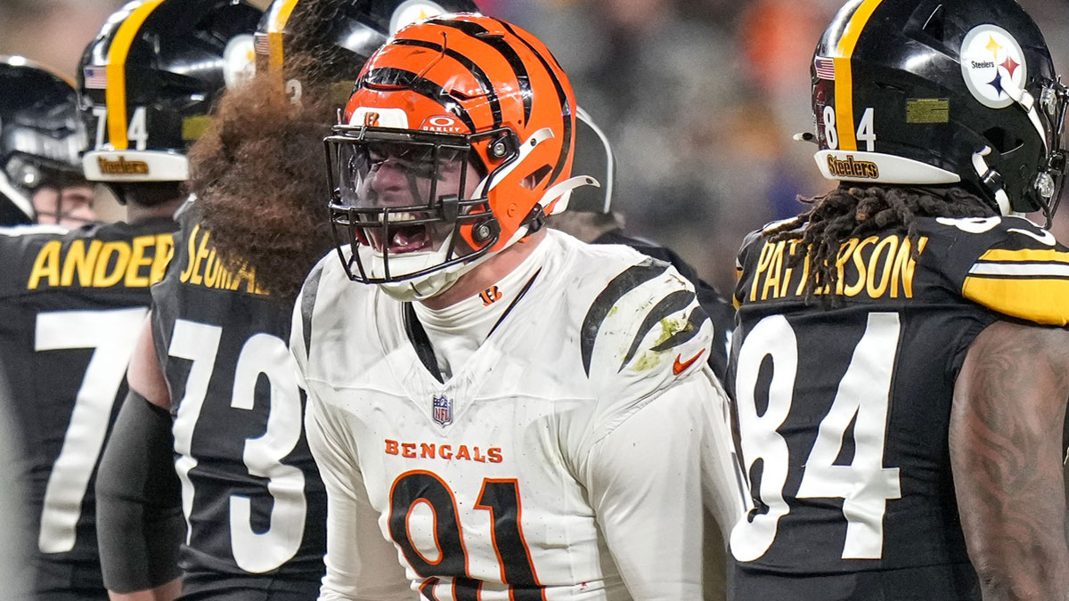 Cincinnati Bengals defensive end Trey Hendrickson (91) celebrates a stop against the Pittsburgh Steelers in the fourth quarter at Acrisure Stadium. The Bengals won 19-17 to finish the regular season at 9-8