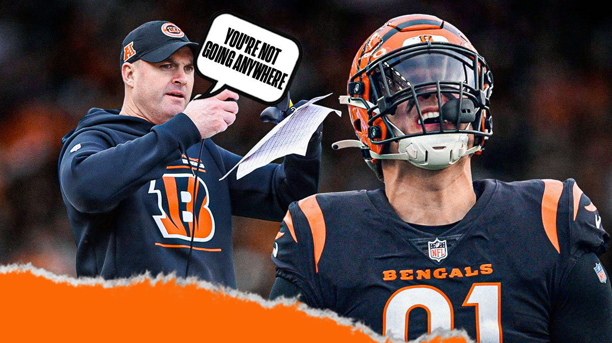 Trey Hendrickson in a Cincinnati Bengals uniform and Benglas coach Zac Taylor with a word bubble that reads: You're not going anywhere as the bengals could give hendrickson a new contract instead of working out a trade.