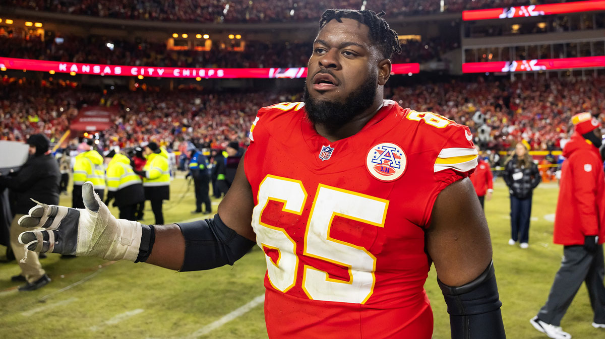 Jan 26, 2025; Kansas City, MO, USA; Kansas City Chiefs guard Trey Smith (65) against the Buffalo Bills in the AFC Championship game at GEHA Field at Arrowhead Stadium.