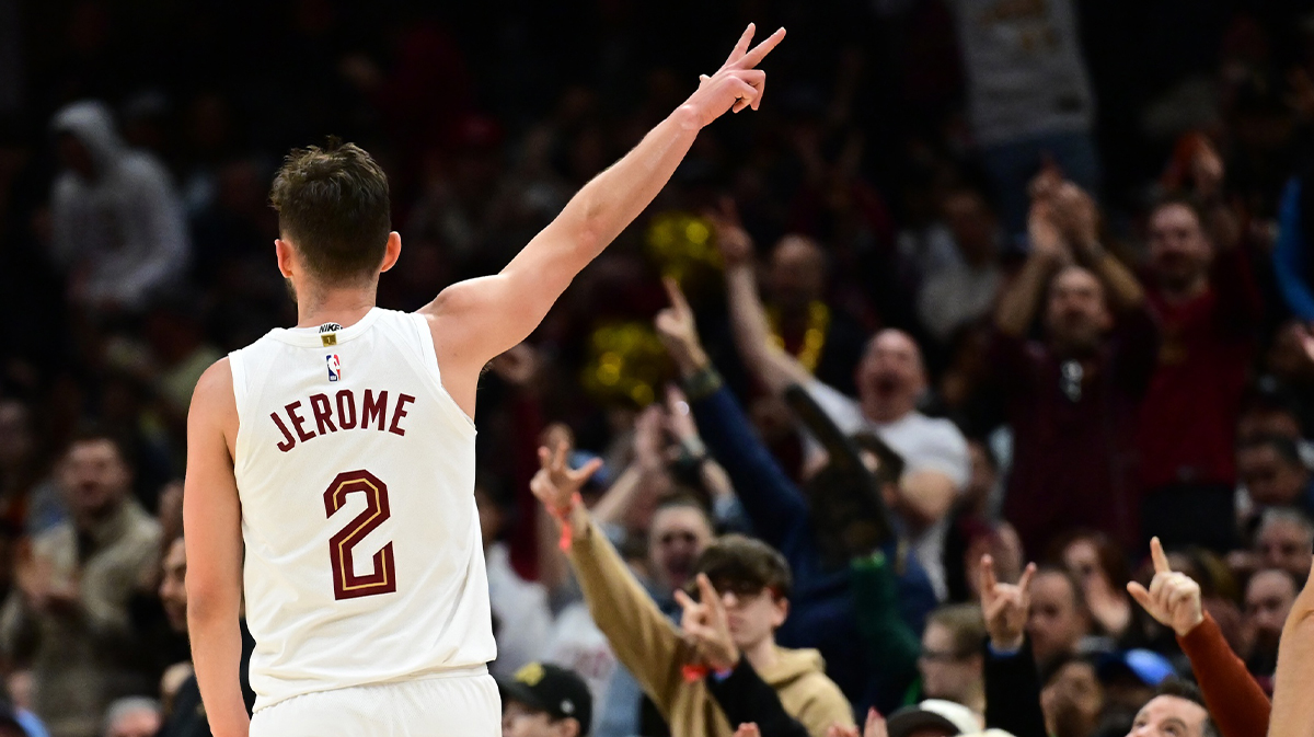 Cleveland Cavaliers guard Ty Jerome (2) celebrates after hitting a three point basket during the second half against the Portland Trail Blazers at Rocket Arena.