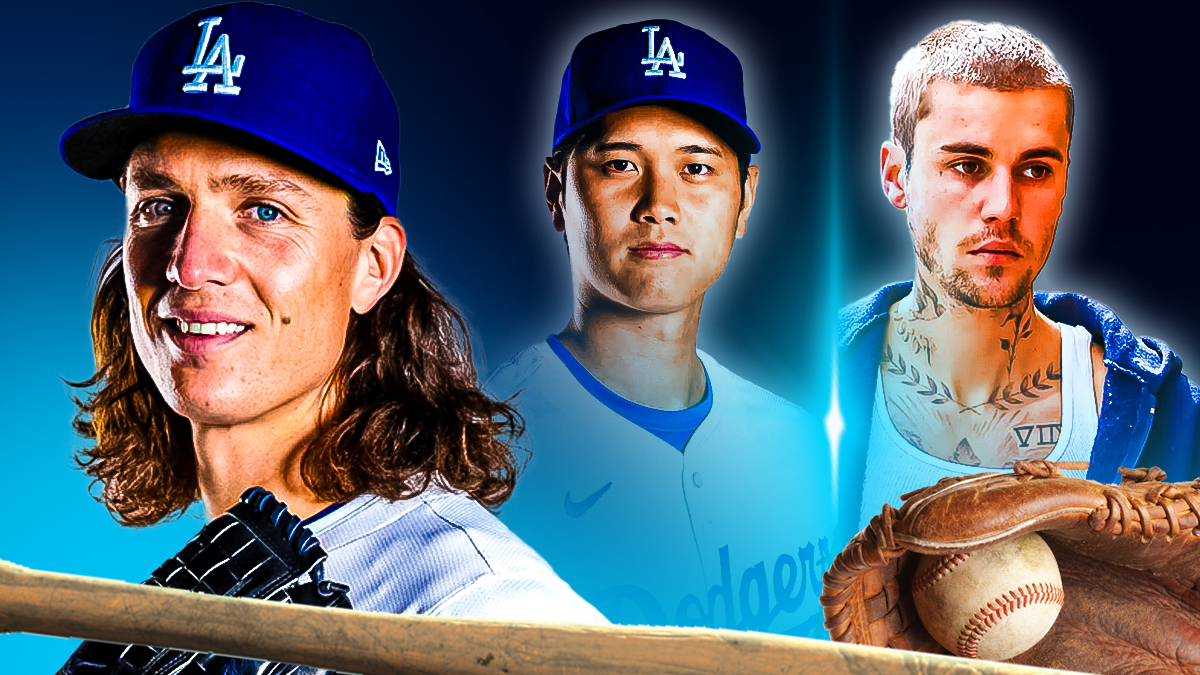 Tyler Glasnow in a Los Angeles Dodgers uniform with Shohei Ohtani next to Justin Bieber with a slash between Ohtani and Bieber as the dodgers head to japan for the season opener after a successful spring training with ohtani.