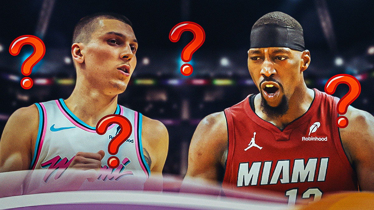 Tyler Herro and Bam Adebayo with question marks around the picture.
