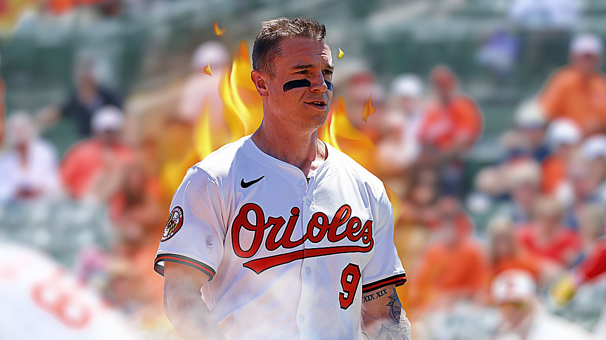 Tyler O'Neill, Orioles, Opening Day, Tyler O'Neill home run, Tyler O'Neill Orioles, Tyler O'Neil in Orioles uniform, fire behind him, orioles stadium in background