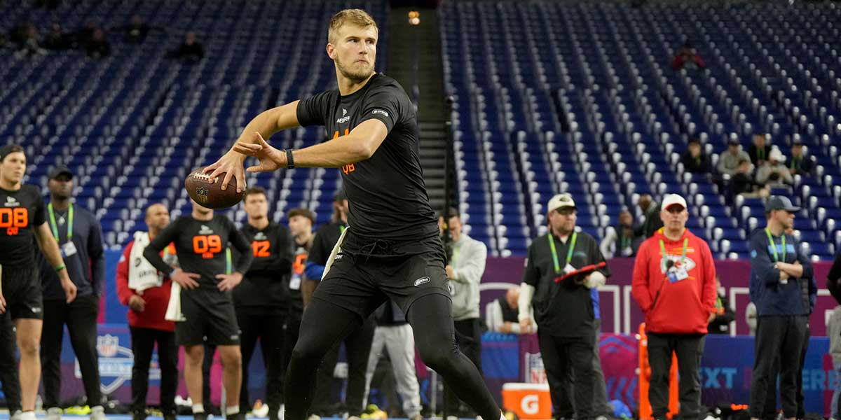 Mar 1, 2025; Indianapolis, IN, USA; Louisville quarterback Tyler Shough (QB14) during the 2025 NFL Combine at Lucas Oil Stadium. Mandatory Credit: Kirby Lee-Imagn Images