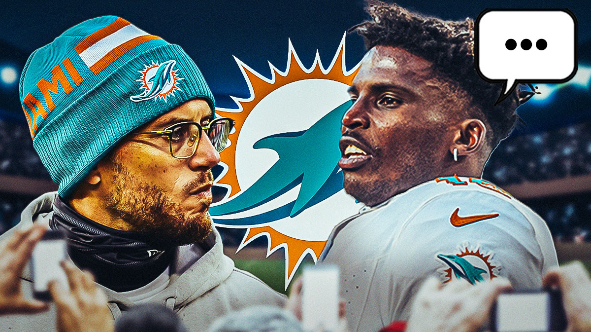 Miami Dolphins WR Tyreek Hill with a speech bubble that has the three dots emoji inside. He is next to Dolphins head coach Mike McDaniel. There is also a logo for the Miami Dolphins.