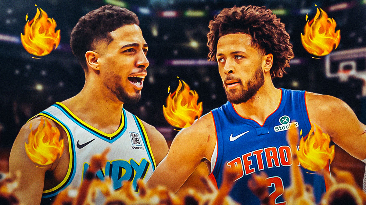 Tyrese Haliburton on the left. Cade Cunningham on the right. Both surrounded by fire