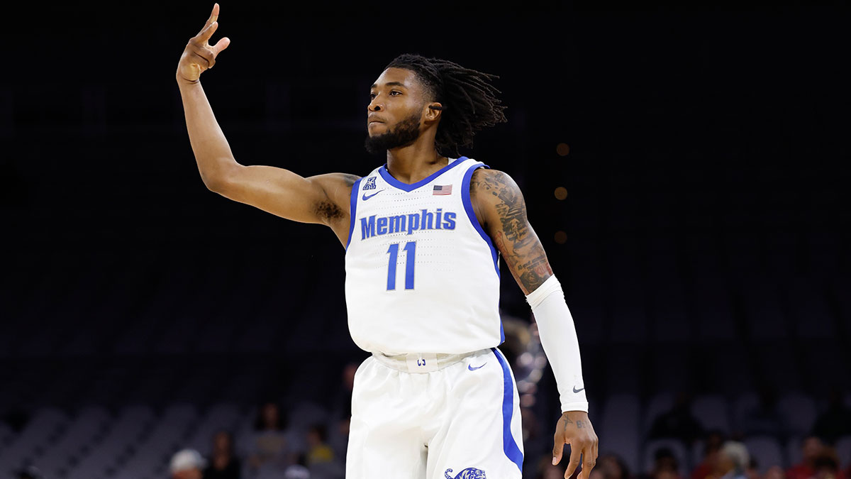 Memphis Tigers guard Tyrese Hunter (11) reacts against the Wichita State Shockers during the second half at Dickies Arena.