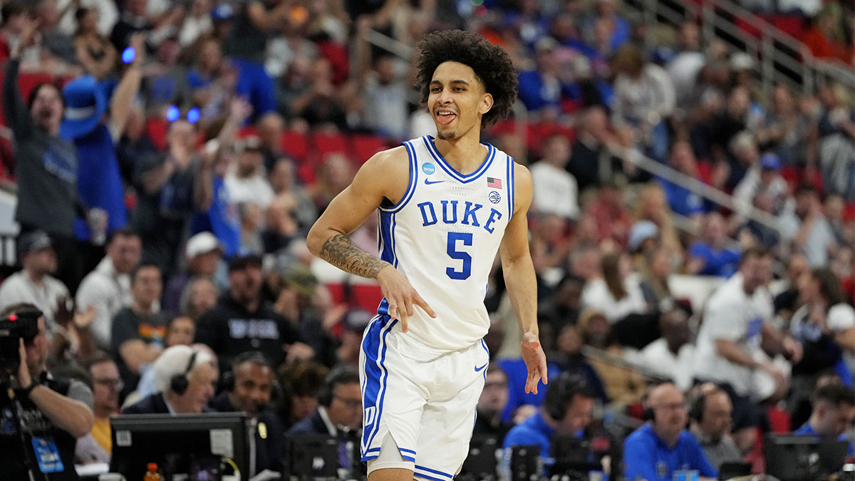 Duke Blue Devils guard Tyrese Proctor (5) reacts after a play during the first half against the Baylor Bears in the second round of the NCAA Tournament at Lenovo Center. Mandatory Credit: Bob Donnan-Imagn Images