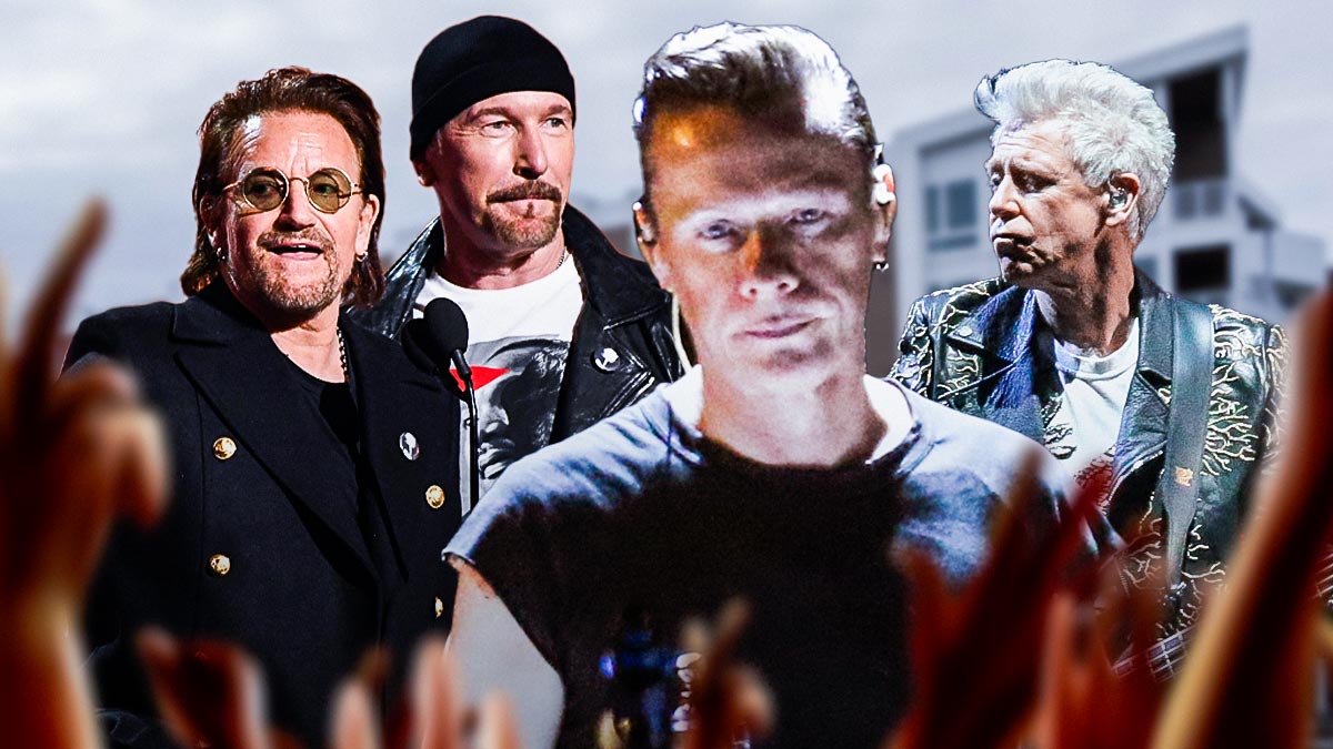 U2 members Bono, The Edge, Larry Mullen Jr, and Adam Clayton, who received an Ivors Academy Fellowship award with Dublin, Ireland, background.