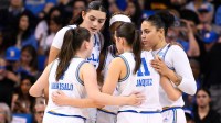 UCLA Bruins guard Elina Aarnisalo (7), Lauren Betts (51), Janiah Barker (0), Timea Gardiner (30) and Gabriela Jaquez (11) during the second quarter of an NCAA Tournament first-round game against the Southern Lady Jaguars at Pauley Pavilion presented by Wescom.