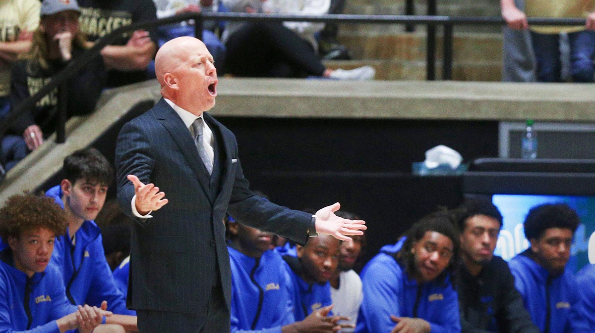 UCLA Bruins head coach Mick Cronin reacts to a call Friday, Feb. 28, 2025, during the NCAA men’s basketball game against the Purdue Boilermakers at Mackey Arena in West Lafayette, Ind.