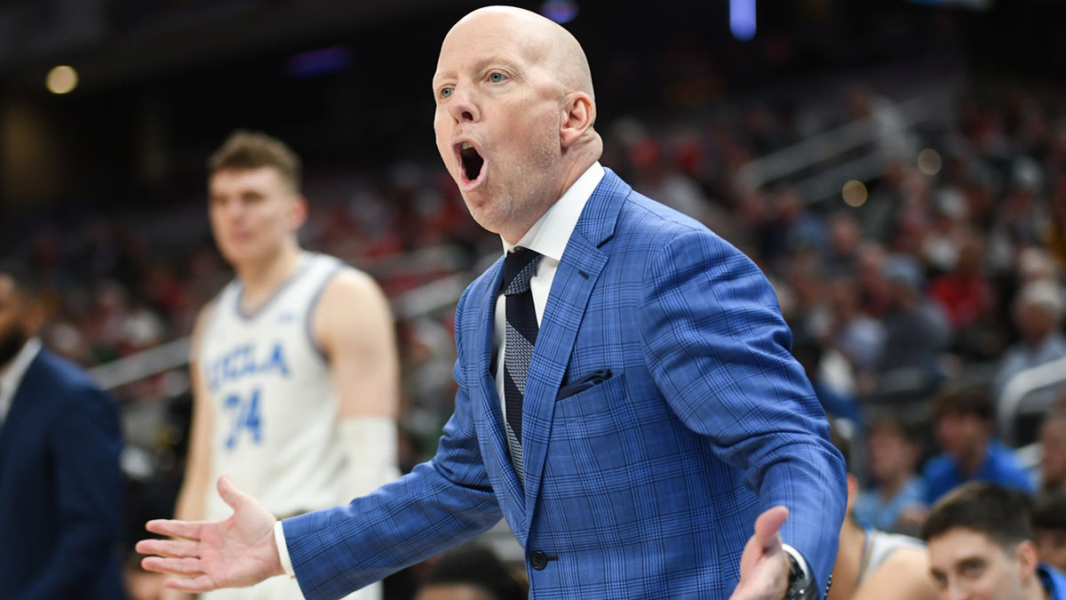UCLA Bruins head coach Mick Cronin reacts to a call during the second half against the Wisconsin Badgers at Gainbridge Fieldhouse.