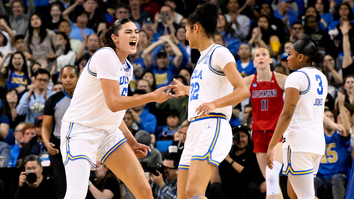 UCLA Bruins center Lauren Betts (51) celebrate scoring a basket with forward Kendall Dudley (22) in the third quarter against the Richmond Spiders during an NCAA Tournament second round game at Pauley Pavilion presented by Wescom.
