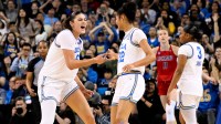 UCLA Bruins center Lauren Betts (51) celebrate scoring a basket with forward Kendall Dudley (22) in the third quarter against the Richmond Spiders during an NCAA Tournament second round game at Pauley Pavilion presented by Wescom.