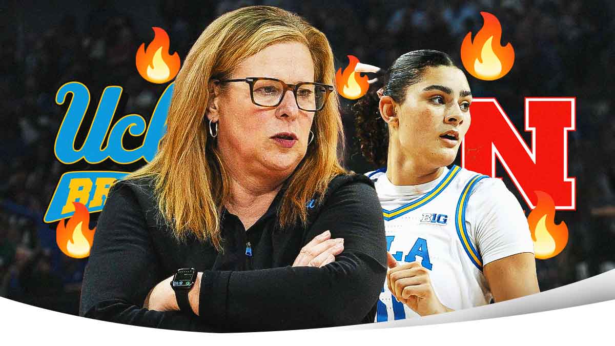 Cori Close, Lauren Betts, UCLA and Nebraska logos, fire symbols