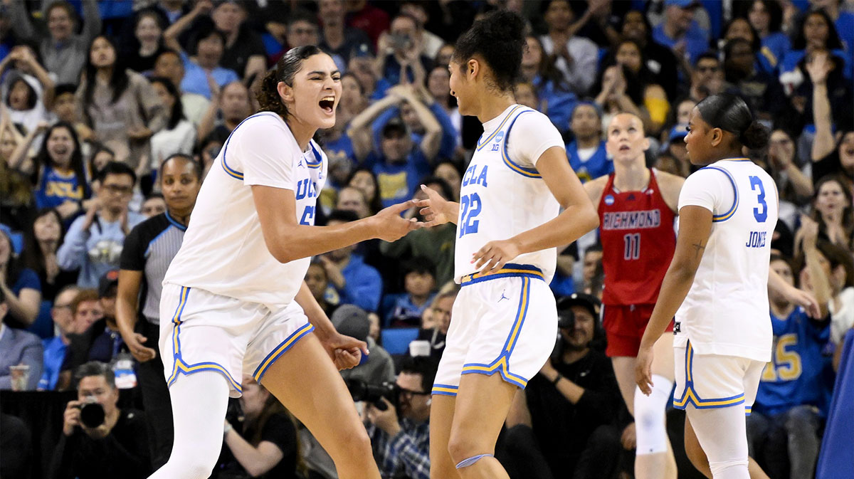 UCLA Bruins center Lauren Betts (51) celebrate scoring a basket with forward Kendall Dudley (22) in the third quarter against the Richmond Spiders during an NCAA Tournament second round game.