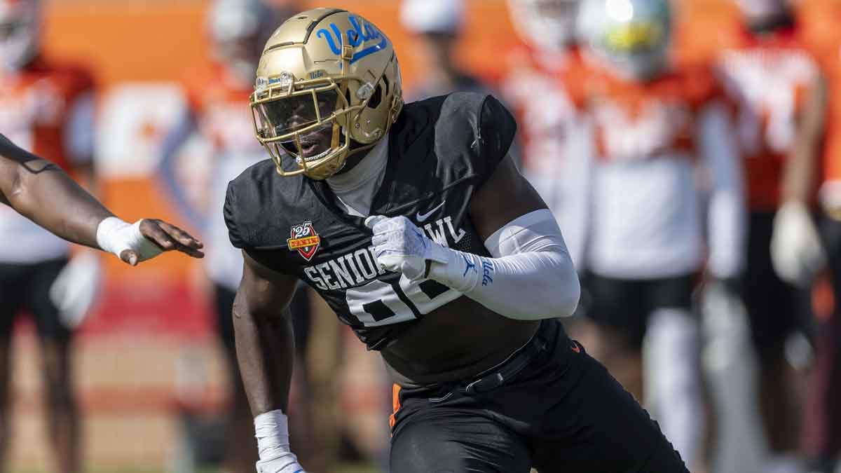 National team defensive lineman Oluwafemi Oladejo of UCLA (99) runs through a drill during Senior Bowl practice at Hancock Whitney Stadium. 