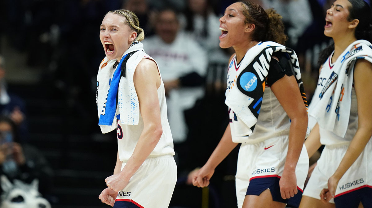 UConn Huskies guard Paige Bueckers (5) and teammates react after a basket against the South Dakota State Jackrabbits in the second half at Harry A. Gampel Pavilion.