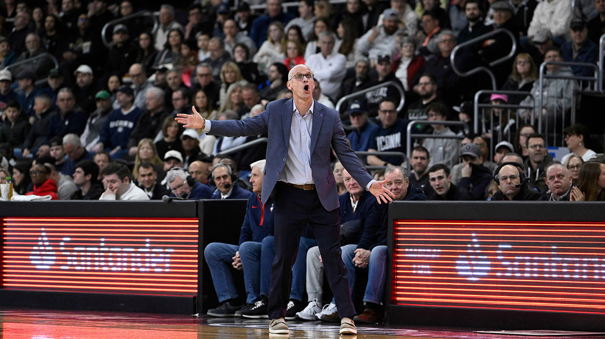 Connecticut Huskies head coach Dan Hurley reacts to game action against the Providence Friars during the first half at Amica Mutual Pavilion.
