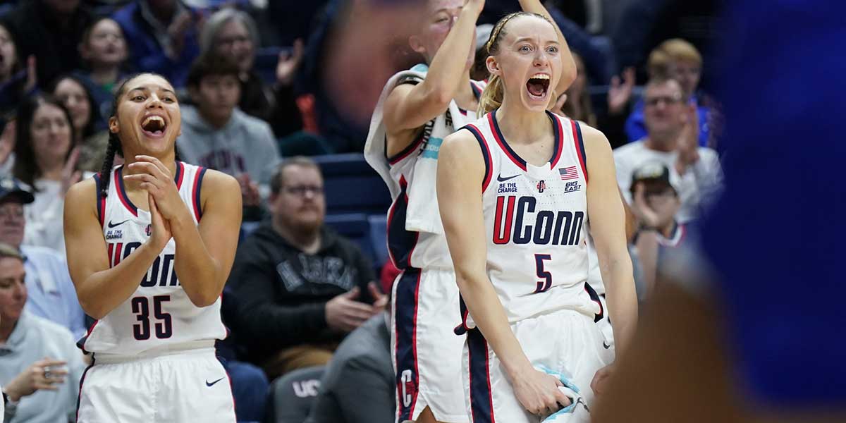 UConn Huskies guard Paige Bueckers (5) and guard Azzi Fudd (35) react after a basket against the Seton Hall Pirates in the second half at Harry A. Gampel Pavilion. 