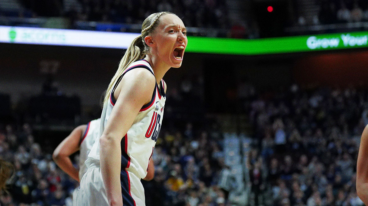 UConn's Paige Bueckers reacts after a play against Creighton