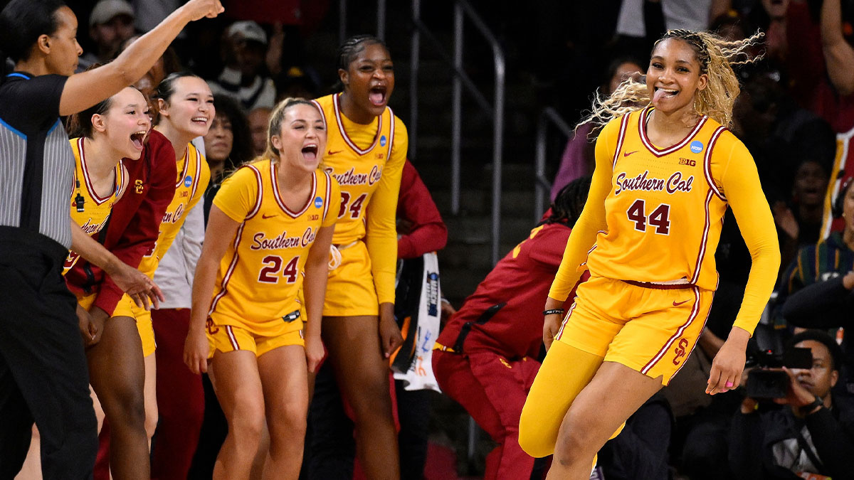 USC Trojans forward Kiki Iriafen (44) celebrates scoring in the third quarter against the Mississippi State Bulldogs during an NCAA Tournament second round game at Galen Center.