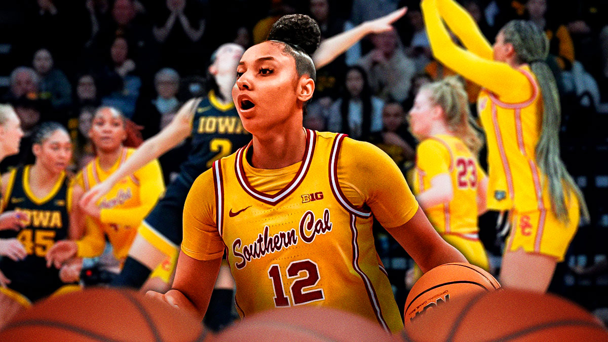 USC's JuJu Watkins dribbling the basketball with her teammates in the background in a game against Iowa