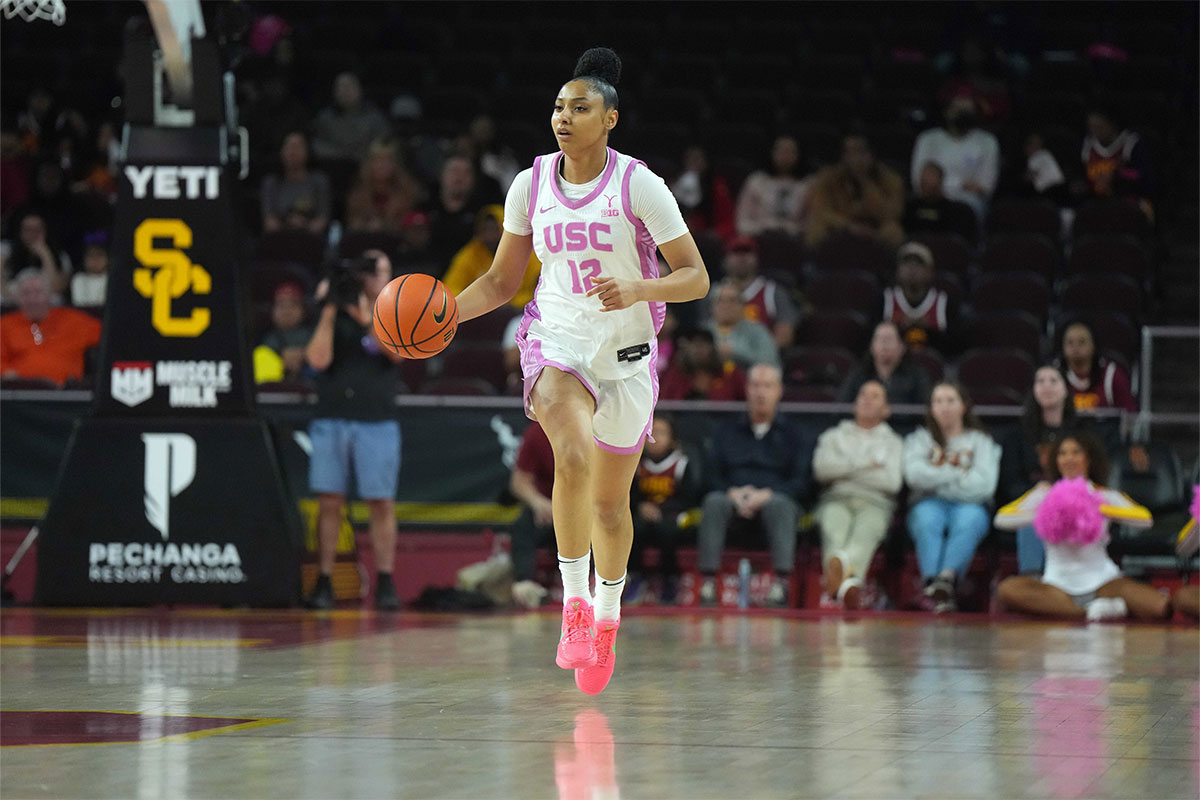 Southern California Trojans guard JuJu Watkins (12) dribbles the ball against the Michigan State Spartans in the first half.