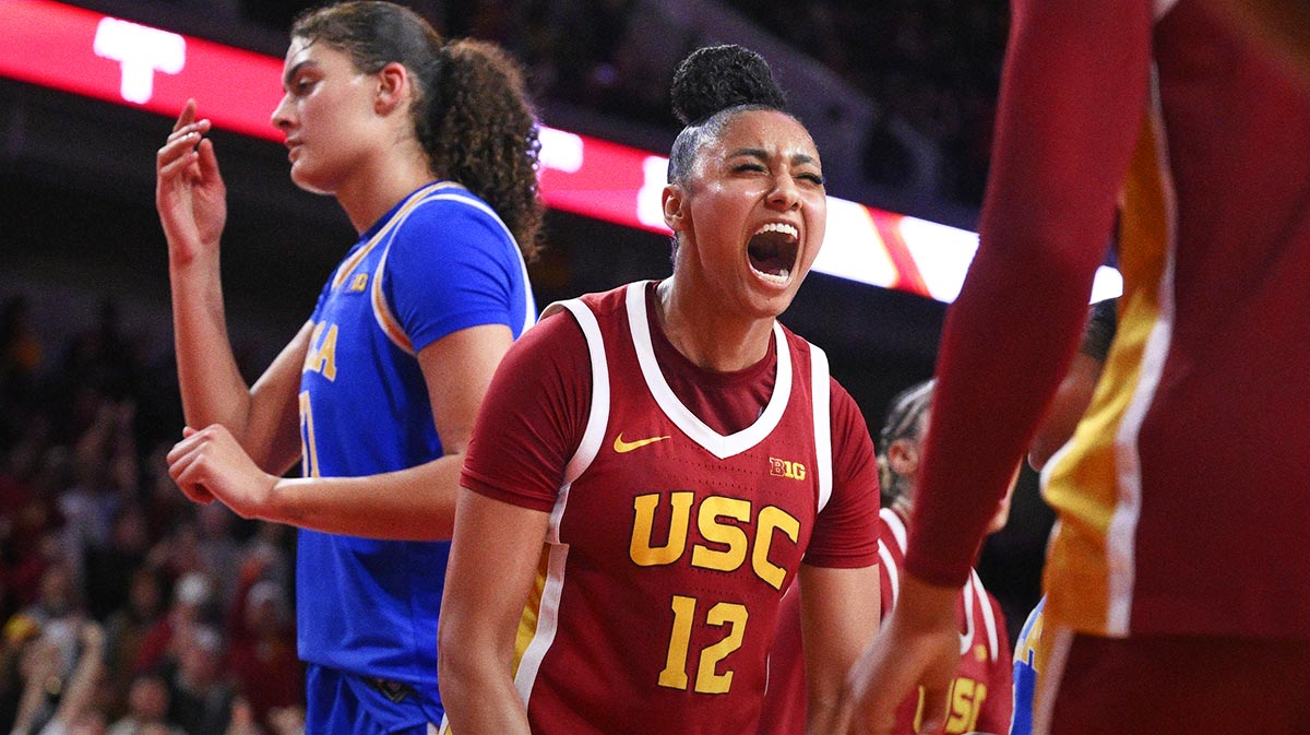 USC Trojans guard JuJu Watkins (12) reacts after scoring in the fourth quarter against the UCLA Bruins.