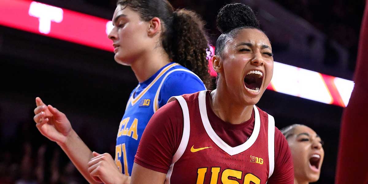 The USC Trojans preserve Juju Vatkins (12) exposing shouts after scoring in the fourth quarter against UCLA Burin in Galen Center.