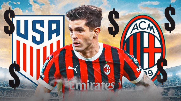 Christian Pulisic, USMNT and AC Milan logos, money symbols
