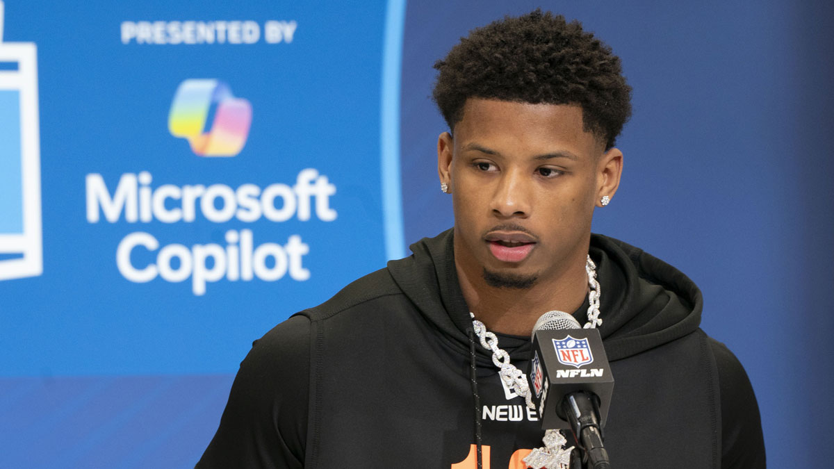 Texas wideout Matthew Golden (WO16) speaks during a press conference at Feb 28, 2025; Indianapolis, IN, USA; during the 2025 NFL Combine at Indiana Convention Center.