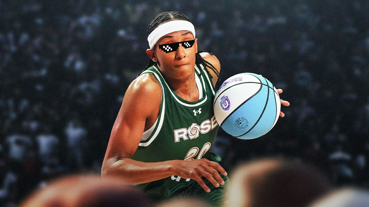 Brittney Sykes (Rose Basketball Club) with deal with it shades during an Unrivaled game.