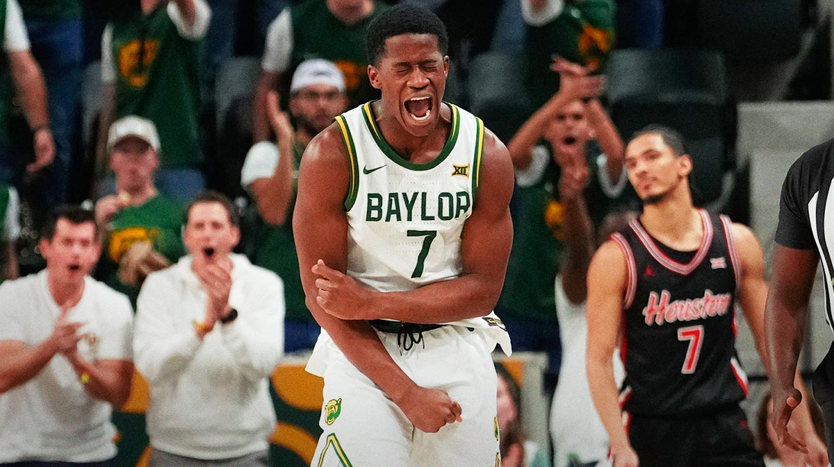 Mar 8, 2025; Waco, Texas, USA; Baylor Bears guard VJ Edgecombe (7) reacts after a play against the Houston Cougars during the second half at Paul and Alejandra Foster Pavilion. Mandatory Credit: Chris Jones-Imagn Images