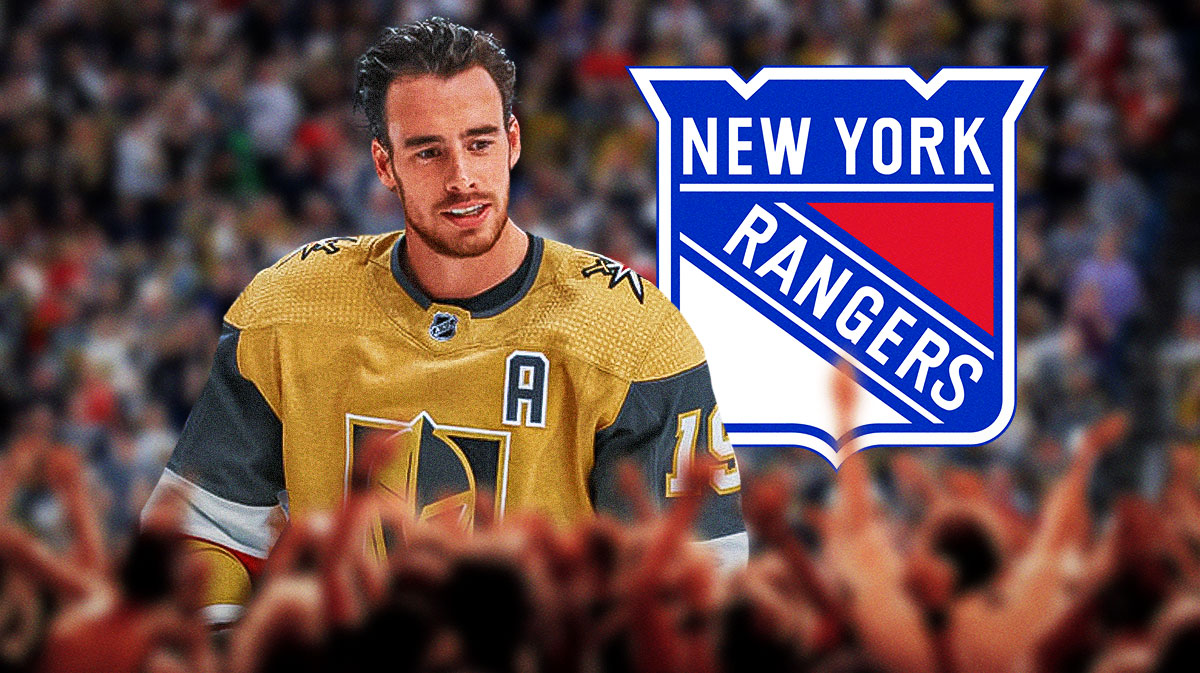 Reilly Smith in a Golden Knights uniform. Rangers logo next to him.