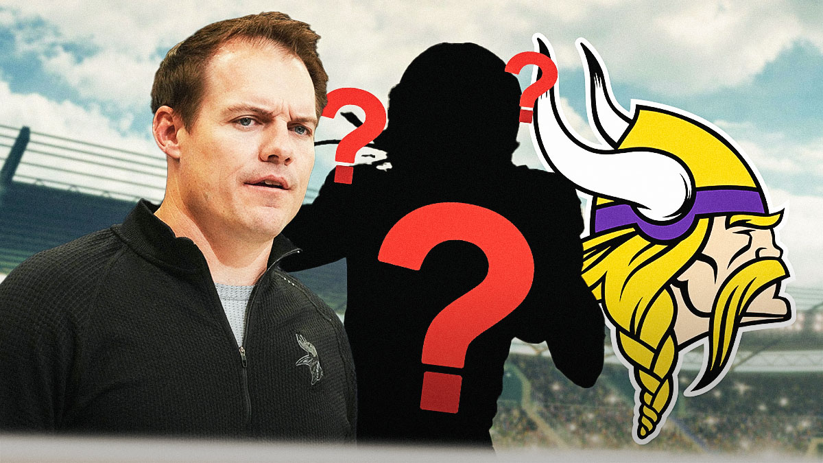 Minnesota Vikings coach Kevin O'Connell and a silhouette of Aaron Jones rushing with a Vikings logo behind them and question marks surrounding as Aaron Jones is a free agent, one of several vikings free agents this offseason.