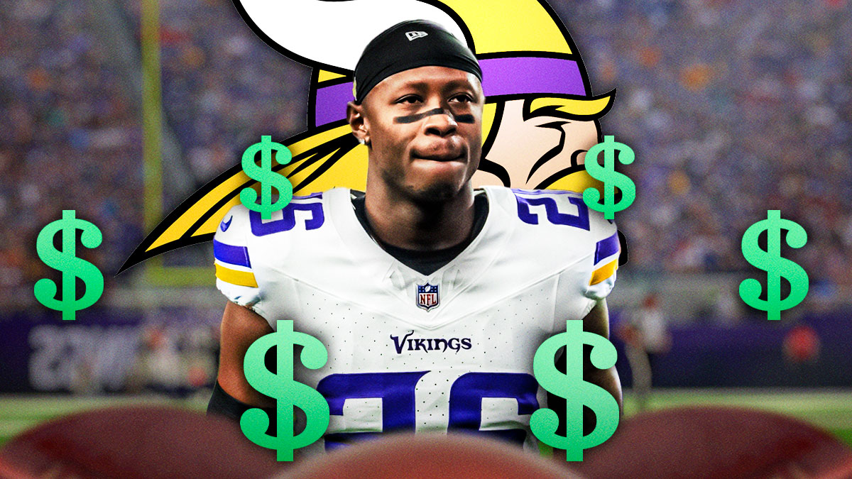 Vikings safety Theo Jackson surrounded by green dollar sign emojis. There is also a logo for the Minnesota Vikings.