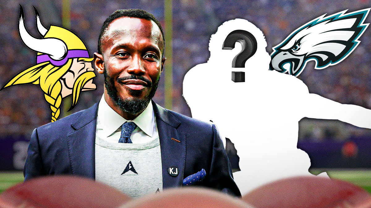 Kwesi Adofo-Mensah next to Vikings logo and mystery player with Eagles logo.