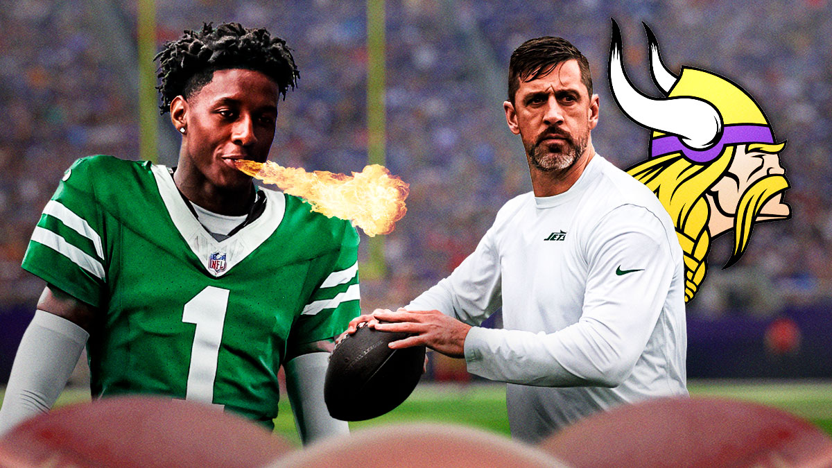 Sauce Gardner on one side breathing fire, Aaron Rodgers and the Minnesota Vikings logo on the other side