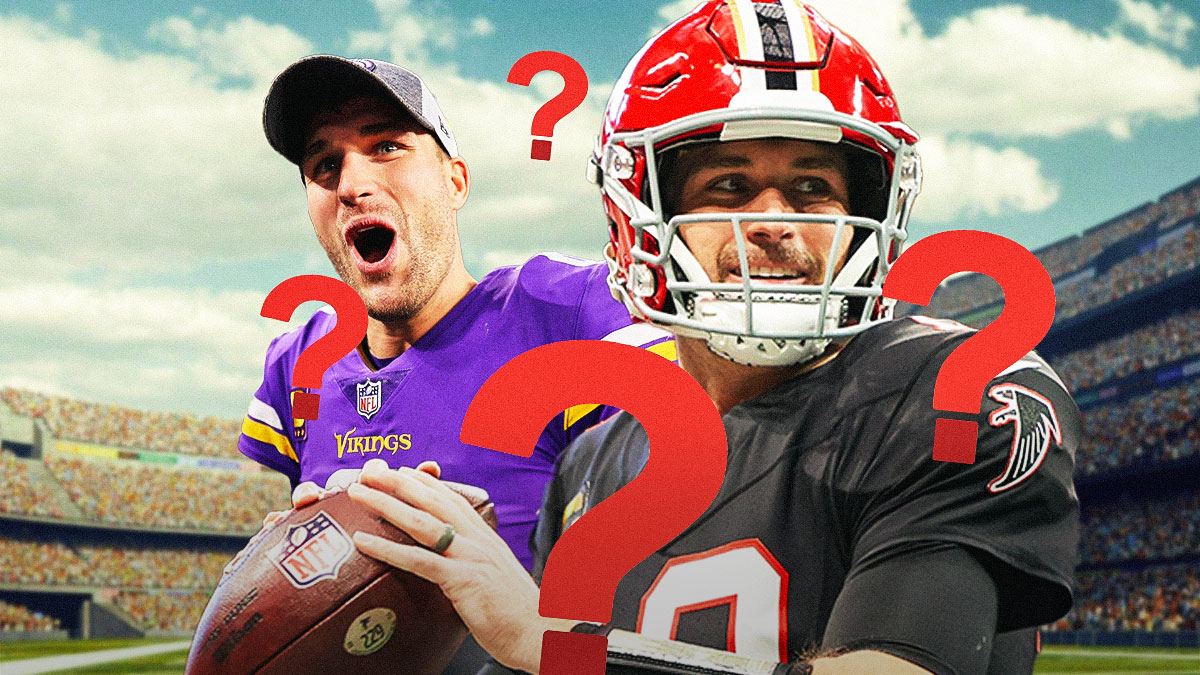Kirk Cousins in an Atlanta Falcons uniform and Kirk Cousins in a Minnesota Vikings uniform with question marks around as the vikings could trade for kirk cousins.