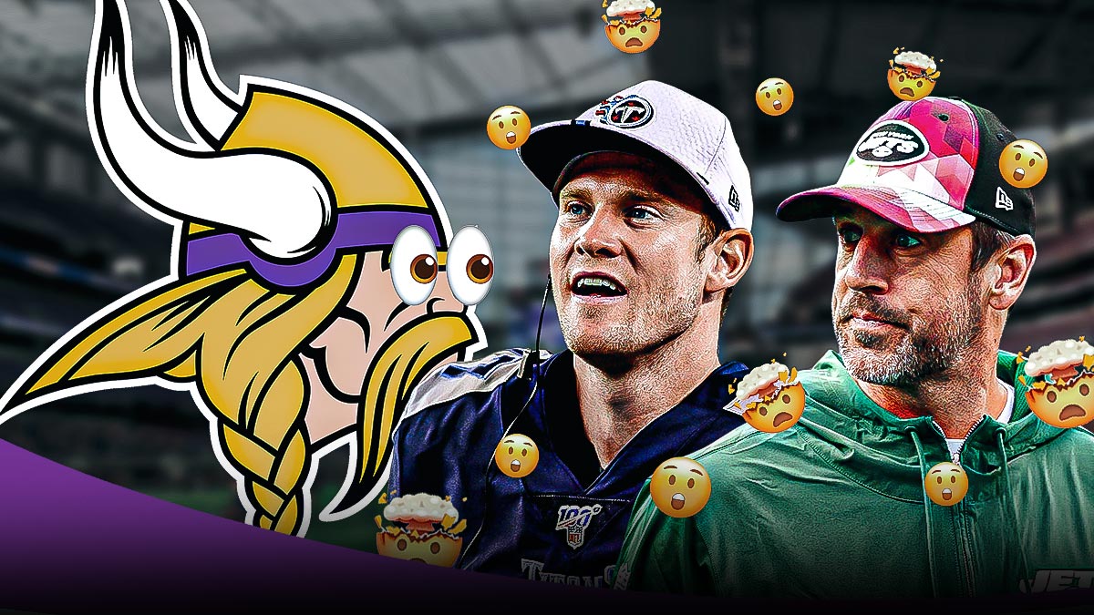 Vikings logo with 👀 over the eyes on the logo looking at QBs Ryan Tannehill and Aaron Rodgers. Multiple 🤯 and 😲 in background. Background is US Bank Stadium.