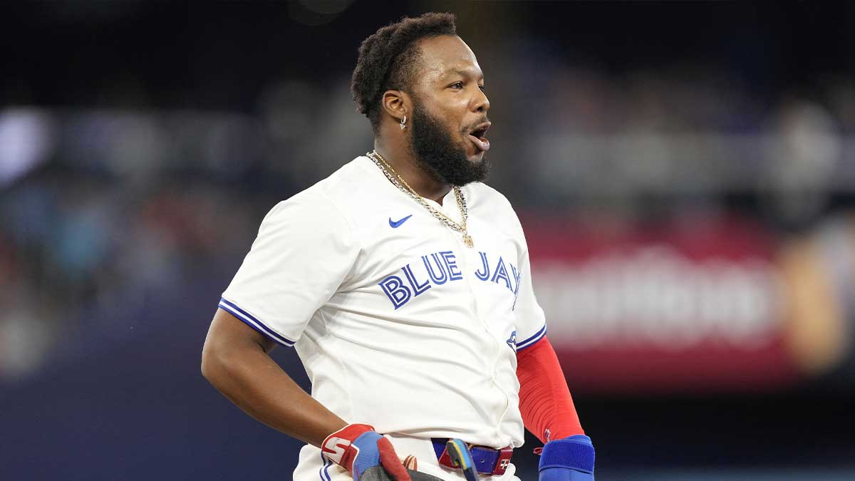 Toronto Blue Jays third baseman Vladimir Guerrero Jr. (27) reacts after being caught in a rundown against the Cincinnati Reds during the third inning at Rogers Centre.
