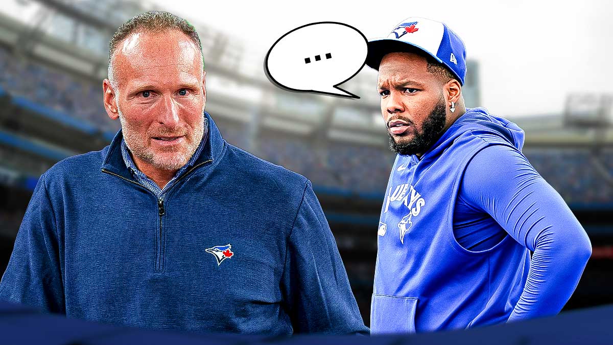 Blue Jays president Mark Shapiro and Vladimir Guerrero Jr. with a word bubble that reads ... as the blue jays and guerrero need to agree on a contract before he becomes a free agent.